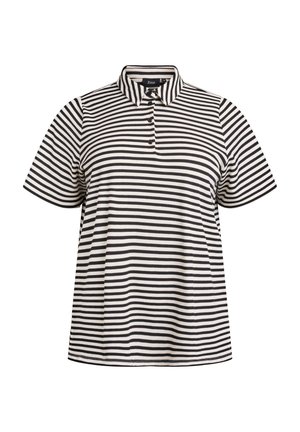 Pruhovaná čierno-biela polo košeľa s golierom, krátkymi rukávmi a zapínaním na tri gombíky. Tkanina sa zdá byť textúrovaná a ležérna.