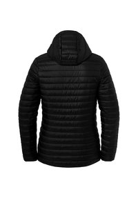Sort isoleret jakke med hætte, med et quiltet mønster, glat tekstur og tætsiddende design. Bagfra fremhæves sømdetaljerne.
