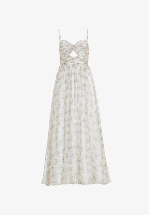 Maxi sukienka z lekkiego, zwiewnego materiału w kwiatowy wzór w delikatne odcienie fioletu i bieli, z przodem w stylu twist oraz regulowanymi ramiączkami.