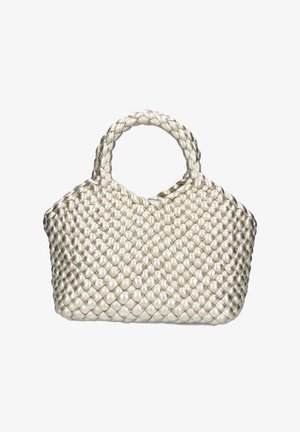 Geweven handtas in metallic zilver, met ronde handvatten en een gestructureerde vorm met een textuur van gevlochten oppervlak.