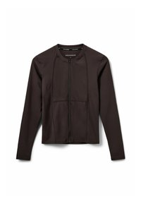 Čierna športová bunda na zips s dlhými rukávmi, elegantný dizajn, hladká textúra, s panelovým prešívaním a okrúhlym výstrihom.