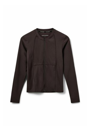 Czarna sportowa kurtka zapinana na zamek błyskawiczny z długimi rękawami, elegancki design, gładka tekstura, z przeszyciami panelowymi i okrągłym dekoltem.