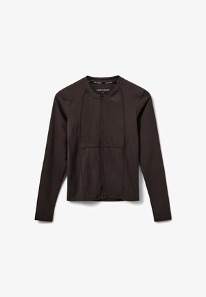 Czarna sportowa kurtka zapinana na zamek błyskawiczny z długimi rękawami, elegancki design, gładka tekstura, z przeszyciami panelowymi i okrągłym dekoltem.