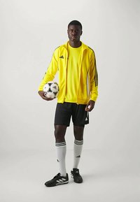 Žltá bundu na zips s čiernymi akcentmi, žlté tričko, čierne šortky, biele ponožky s čiernymi pruhmi a čierne futbalové topánky, drží futbalovú loptu.