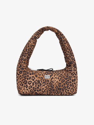 Leopard print shoulder bag with a padded, curved handle, featuring a zip closure and a small logo tag on the front.