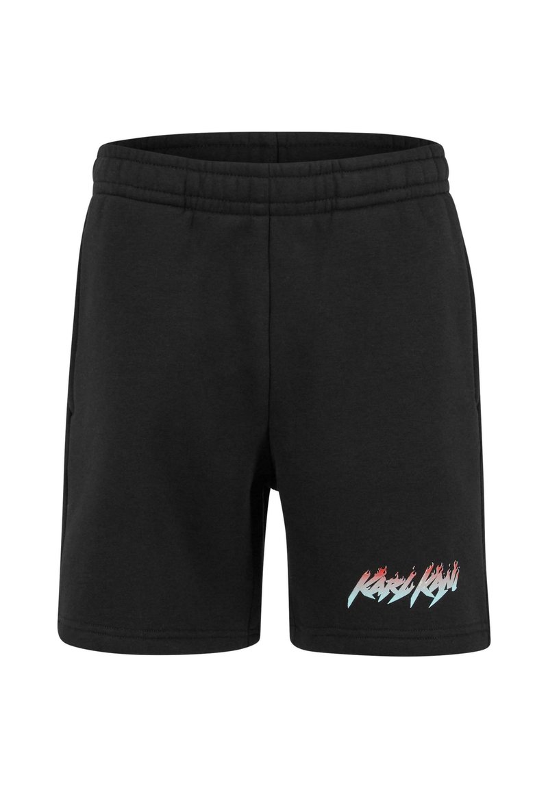 Čierne bavlnené šortky s elastickým pásom. Na ľavom stehne sa nachádza farebná logo v štýle plameňa. Hladká textúra, dĺžka po kolená.