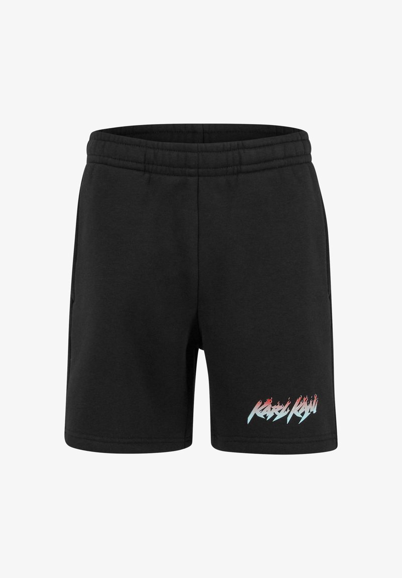 Čierne bavlnené šortky s elastickým pásom. Na ľavom stehne sa nachádza farebná logo v štýle plameňa. Hladká textúra, dĺžka po kolená.