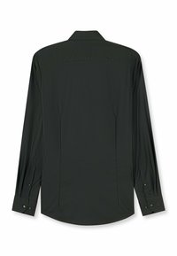 Dunkelgrünes langärmeliges Hemd mit glatter Textur, geknöpften Manschetten und Rückenteil mit Passe. Verfügt über einen geschwungenen Saum und ein dezentes Muster.