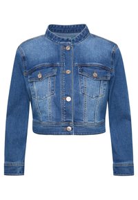 Kraftig denimjacka i medelblå med krage, två framfickor och silverknappar. Har kontrasterande paneler med sömmar.