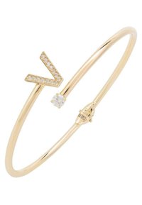 Aranyszínű fém karkötő, amelyen cikkcakk mintázat található, tiszta kubik zirkónia díszítéssel és egyetlen kerek drágakővel. Sima felület.