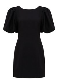 Vestito nero con corpino strutturato e maniche corte a sbuffo. Presenta una scollatura ampia a barca e una finitura in tessuto liscio e testurizzato.