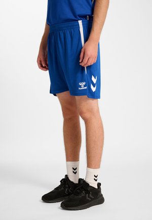 Mann trägt blaue Sportshorts mit weißen Streifen und Logo, weiße Socken mit schwarzen Chevron-Mustern und schwarze Sportschuhe, steht.