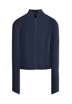 Veste ajustée bleu marine avec col montant, manches longues côtelées et fermeture éclair à l'avant. Confectionnée en tissu texturé.
