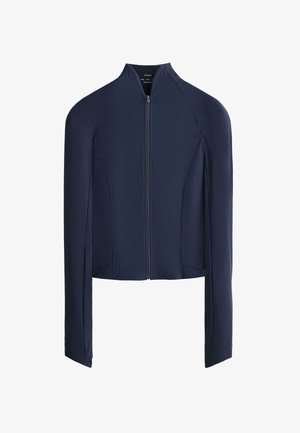 Temno modra oprijeta jakna z visokim ovratnikom, dolgimi rebrastimi rokavi in sprednjim zadrgo. Izdelana iz teksturirane tkanine.