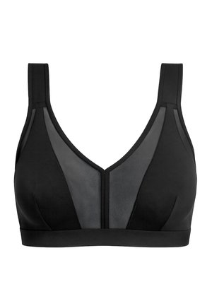Soutien-gorge noir à armatures souples avec larges bretelles et panneaux en maille semi-transparente à l'avant, conçu pour le confort et un maintien léger.