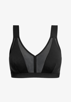 Fekete, puha kosaras melltartó széles pántokkal és félig átlátszó hálós betétekkel az elején, kényelmet és könnyű tartást biztosítva.