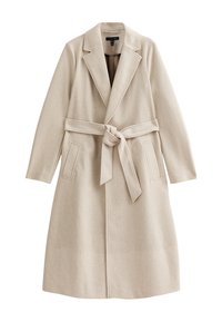 Abrigo de mezcla de lana beige con cintura ceñida, solapas con muesca y dos bolsillos frontales. La tela tiene una textura suave y una silueta desestructurada.