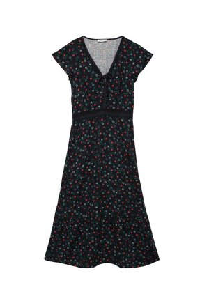 Robe noire à manches courtes avec petit imprimé floral rouge, vert et blanc, encolure en V avec détail noué et bordure en dentelle à la taille.