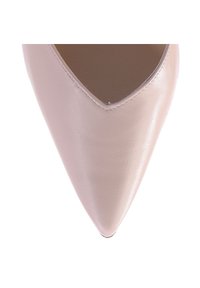 Pale pink leather pointed-toe shoe with a sleek surface, featuring a v-shaped cutout design along the upper edge.