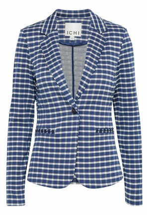 Blauw-wit geruite blazer met een ingezette kraag, enkele knoopsluiting en twee voorzakken. Gemaakt van een textuurstof.