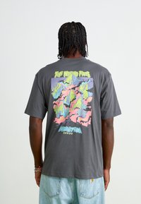 Grå bomulds t-shirt med farverigt bjerggrafik på ryggen, med teksten "The North Face Expedition Series" nedenunder. Korte ærmer, afslappet pasform.