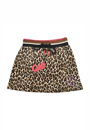 Leoprinhautrock mit verstellbarem Taillenbund, kontrastierenden rosa und braunen Bändern sowie bestickten Akzenten in Rosa und Lila.