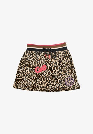 Leoprinhautrock mit verstellbarem Taillenbund, kontrastierenden rosa und braunen Bändern sowie bestickten Akzenten in Rosa und Lila.