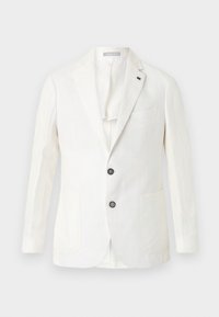 Blazer blanc pour hommes avec deux boutons noirs, revers en pointe et trois poches avant sur un fond uni.