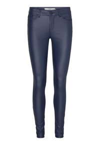 Leggings de imitación cuero en color navy con un ajuste slim. Cuentan con un cierre frontal de botón, cuatro bolsillos y una textura suave y brillante.