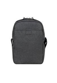 Zaino in tessuto grigio con superficie testurizzata, forma rettangolare slim, doppio manico superiore e una tasca frontale senza hardware visibile.