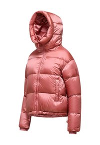 Roze pufferjack met een glanzende, gequiltte textuur. Voorzien van een capuchon, ritssluiting en elastische manchetten. Inclusief twee voorzakken.