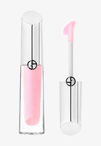Transparent slang med rosa läppglans, silverlock och varumärkesaccent. Inkluderar en vit applicator med en mjuk rosa topp.