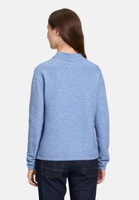 Blauer, gerippter Pullover mit langen Ärmeln und hohem Kragen, aus strukturiertem Stoff, kombiniert mit dunkelblauen Jeans. Rückansicht gezeigt.
