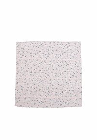 Floral-patterned fabric scarf with a light pink background, featuring small blue and green flowers. Smooth texture, rectangular shape.