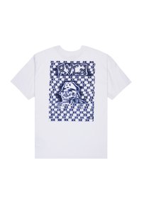White t-shirt featuring a blue graphic design of a skull wearing a bucket hat, set against a brick pattern background. Short sleeves.