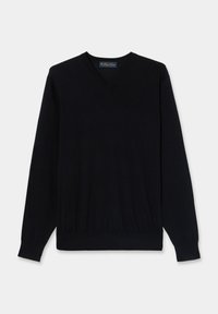 Zwarte V-hals trui gemaakt van zachte stof. Lange mouwen met geribbelde manchetten en zoom, met een gladde textuur en een minimalistisch ontwerp.