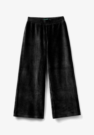 Zwarte wijde broek gemaakt van zachte fluwelen stof, met een gladde textuur, elastische tailleband en een strakke, minimalistische uitstraling.