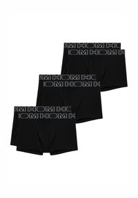 Pantaloni boxer neri in confezione da tre, con elastico grigio in vita recante il logo "HOM", tessuto morbido e vestibilità aderente.
