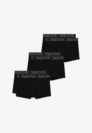 Pack de tres calzoncillos boxer negros, con una cinturilla elástica gris que lleva el logo "HOM", fabricados en un tejido suave y con un diseño ajustado.