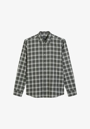 Chemise à manches longues en velours gris et blanc à carreaux, dotée d'un col boutonné et de boutons sur le devant.