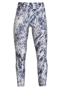 High-waisted, cropped leggings in a white and navy abstract pattern, made of stretchy, smooth fabric with a sleek finish.