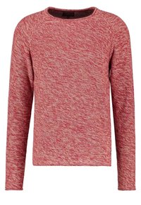 Röd tröja med en texturerad, melerad yta. Har långa ärmar, rund halsringning och en avslappnad passform. Inga synliga metalldelar.