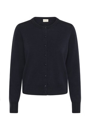 Marineblauwe cardigan van zacht breimateriaal, met een ronde halslijn, lange mouwen en knoopsluiting aan de voorkant.
