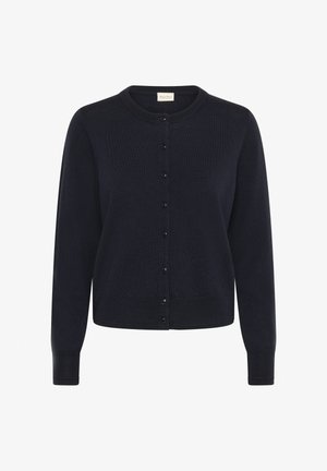 Navy blue cardigan made of soft knit material, featuring a round neckline, long sleeves, and button closure down the front.