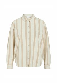 Camisa de color beige claro, de botones, con Rayas verticales en naranja y marrón, cuello, un bolsillo en el pecho y mangas largas con puños de botón.