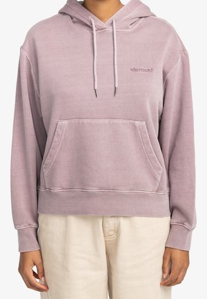 Light purple hooded sweatshirt with front kangaroo pocket and "element" logo on the chest, worn with beige pants.