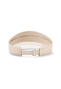 Beige színű textil öv sima felülettel, fémből készült csattal és diszkrét logóval az oldalon. Enyhén ívelt forma.
