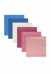 Set van vijf vierkante doeken in verschillende tinten: donkerblauw, middelblauw, crème, donkerroze en lichtroze. Gestructureerde stof met omgezoomde randen.