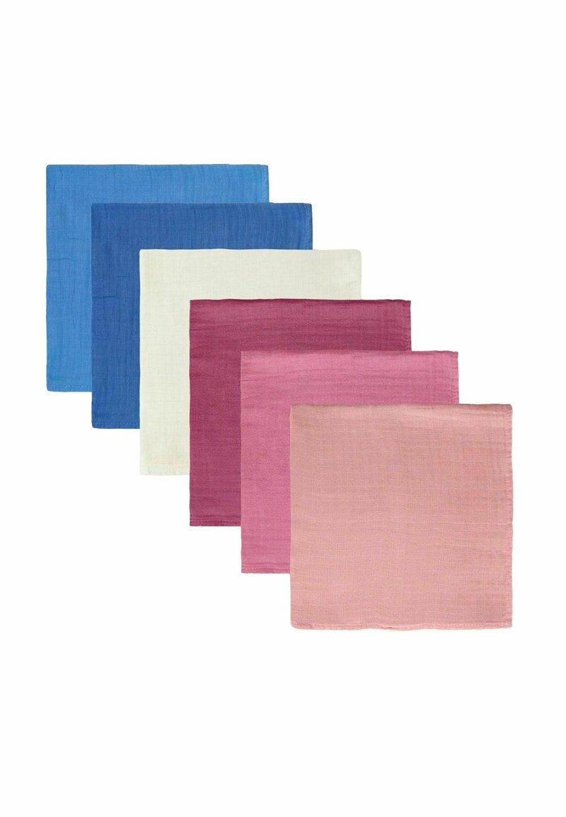 Set van vijf vierkante doeken in verschillende tinten: donkerblauw, middelblauw, crème, donkerroze en lichtroze. Gestructureerde stof met omgezoomde randen.