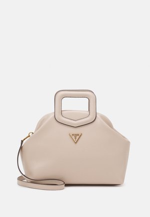 Beige handbag made of smooth material with a square handle, gold logo detail, and a detachable shoulder strap. Rounded silhouette.
